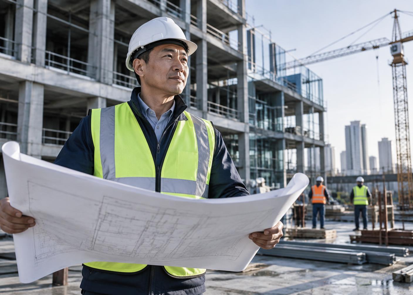 Construction business owner reviewing plans at an active job site
