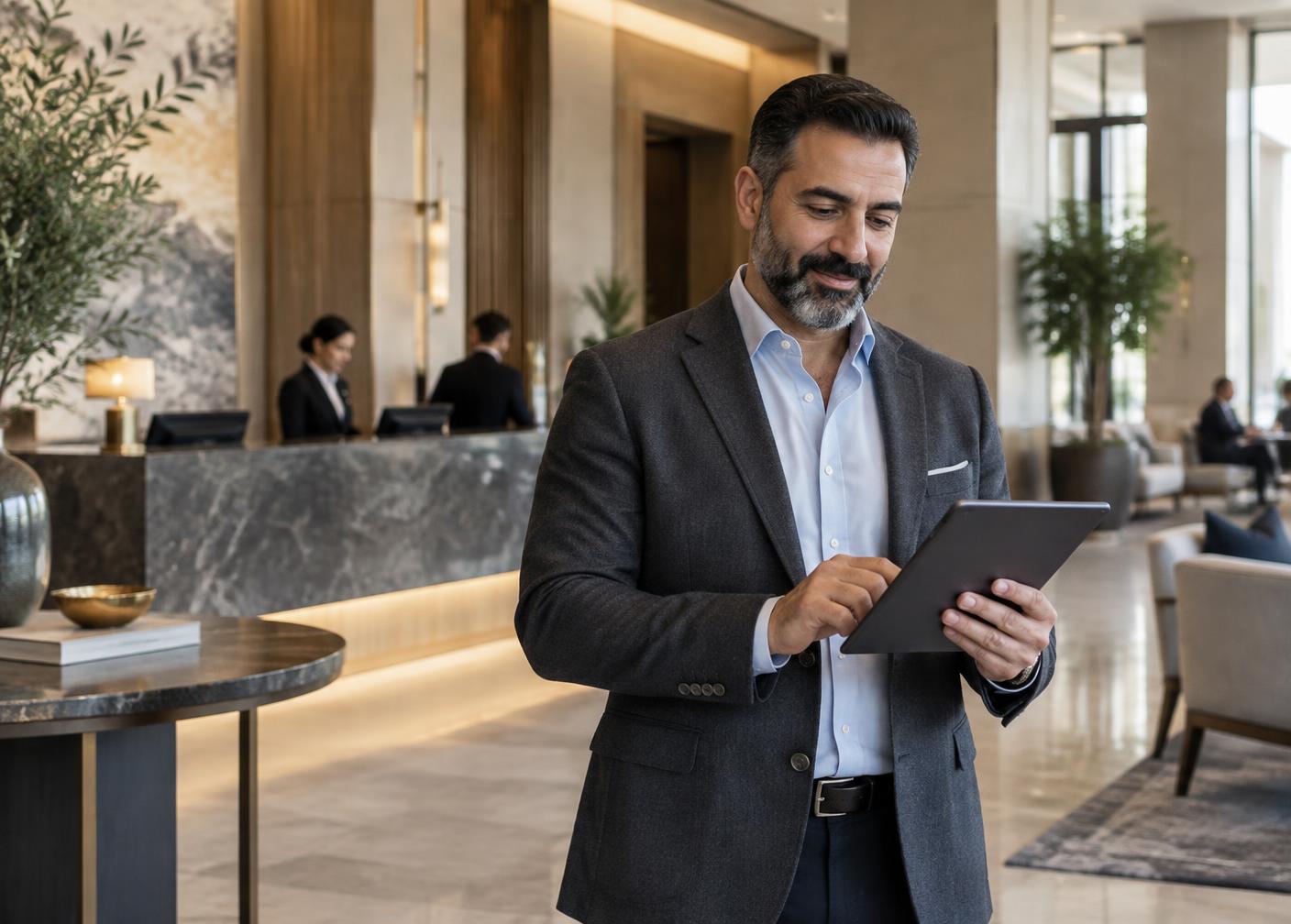 Hospitality business owner reviewing operations in a boutique hotel lobby