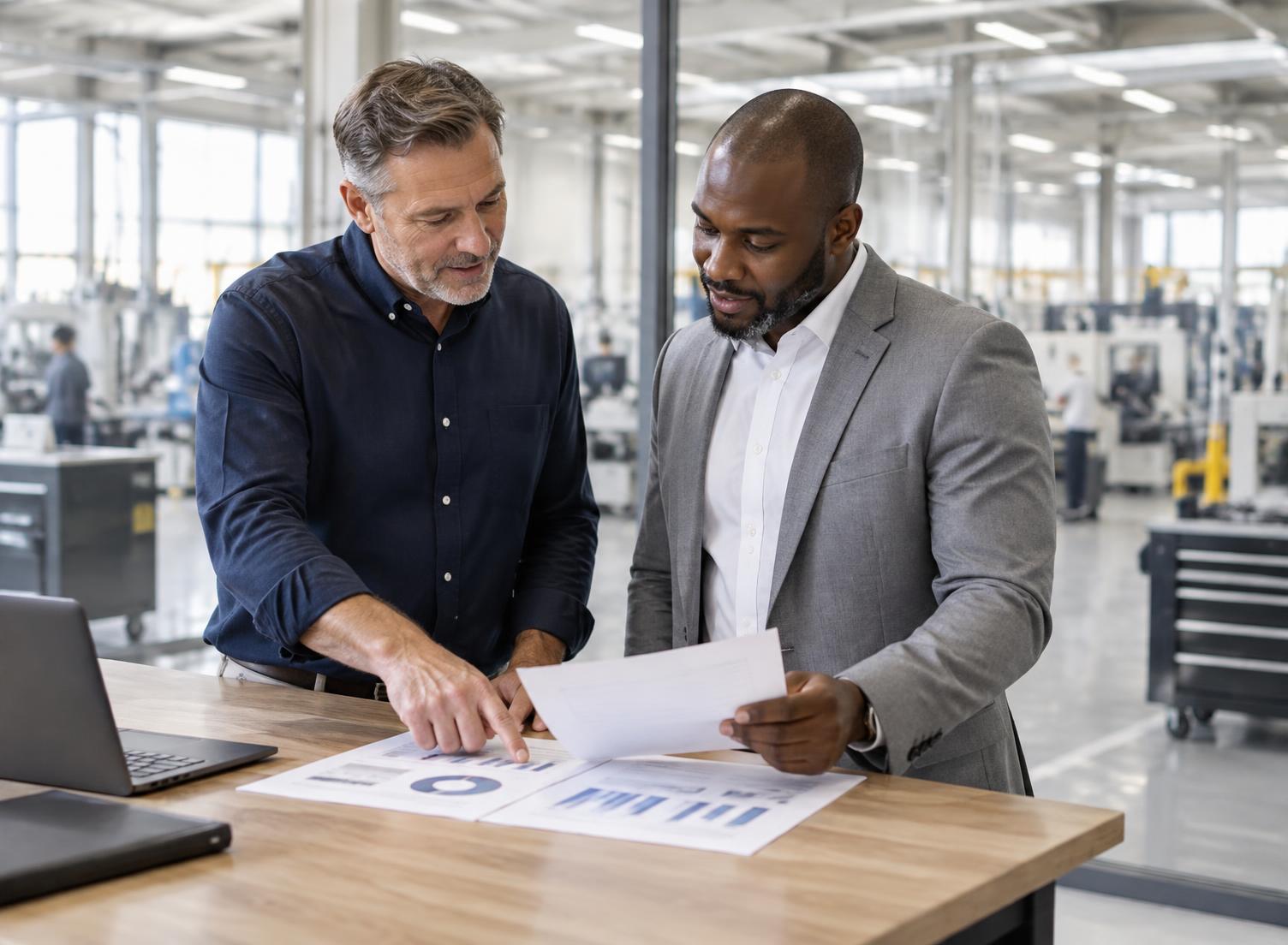 Business owner and funding specialist reviewing financial plans in a manufacturing office